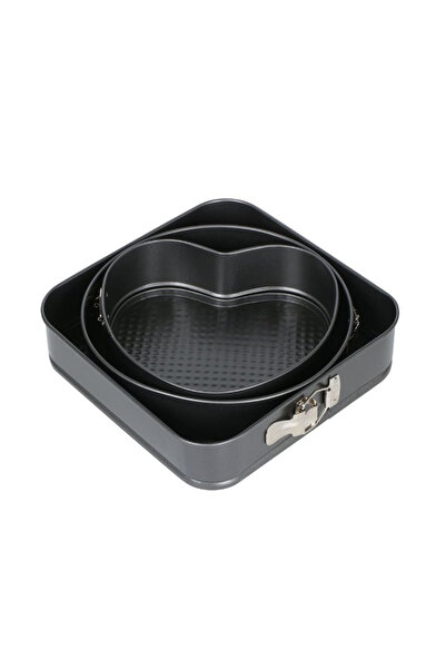 NEO Set of 3 Baking Trays, Heart/Round/Square Shapes and Removable Base, 24 cm/26 cm/28 cm, Black, Ne