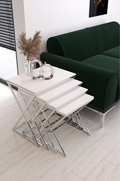 Nies Aksesuar MASAL 4'LÜ KARE ZİGON GÜMÜŞ KAPLAMA BEYAZ MDF