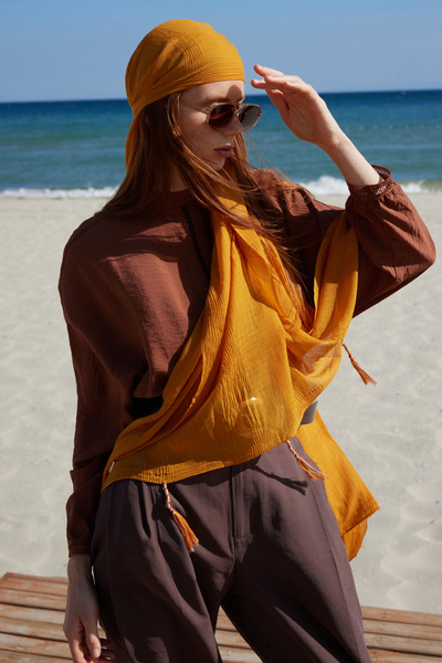 FENZA SCARF ŞAL DE BUMBAC BRICE MARO, CU FRĂCHĂ LUNGĂ, CU CIUCURI