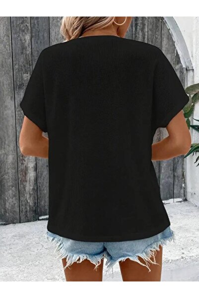 ALPACO Γυναικεία μπλούζα βάφλα με κοντό μανίκι με ανοιχτό γιακά μπροστά