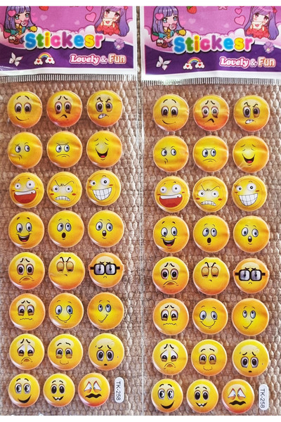 Modellino 2'li Set 48 Adetli Kabartmalı Çıkartmalı Sticker Etiket, Emoji, Kalp, Kuşlar, Gülen Yüz