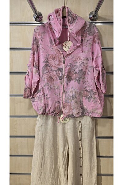 Park Moda Ιταλικό μπουφάν με κουκούλα με φερμουάρ και σχέδιο ροζ μπατίκ