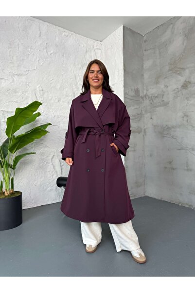 Elif Özbey Butik Plum Double-Breasted Detailed Oversize Trench Coat