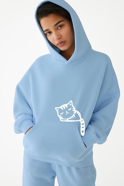 BENROMA سترة بغطاء للرأس للجنسين مصنوعة من القطن الممشط بثلاثة خيوط مع طباعة قطة