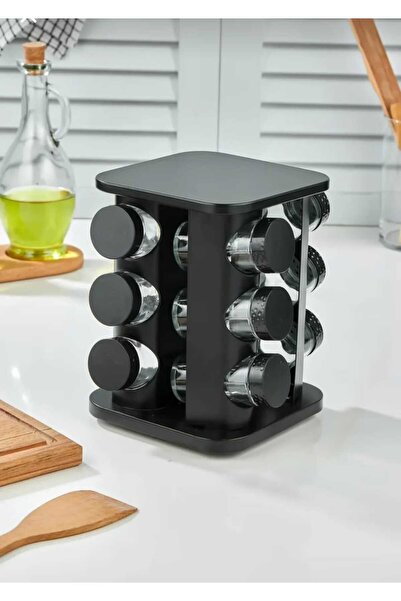 METALAY 12-Piece Rotating Metal Spice Rack Seasoning Set Square Black