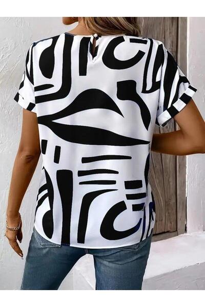 Melek Moda Γυναικεία μπλούζα με κοντό μανίκι με στρογγυλή λαιμόκοψη με σχέδιο