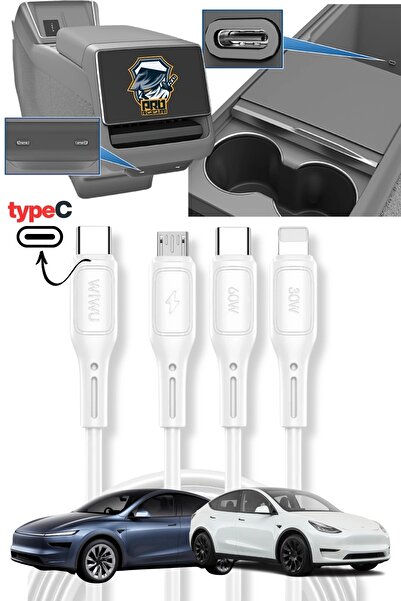 Lopard Tesla Model Y 2024-2025 Juniper Type-C Şarj Kablosu 1.2m 60W Süper Fast PD 3in1 iPhone Samsung Xiaom