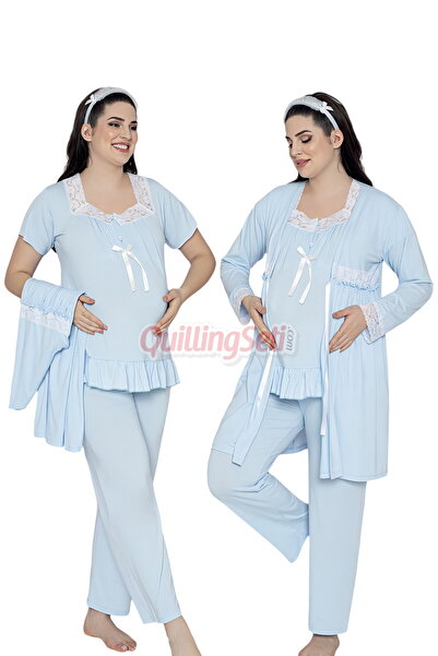 quilling Blue Colored Lace Detailed Collar 3-Piece Long Sleeve Maternity Pajama Set with Dressing Gown 5946X