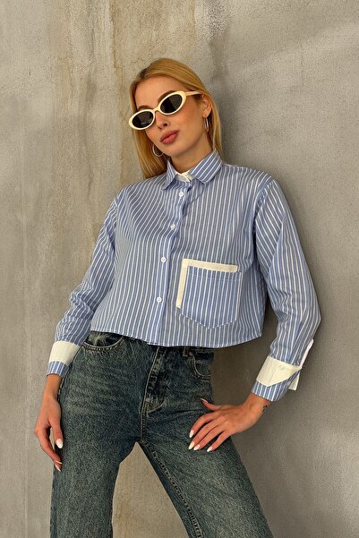 VAGGON Women's Blue Striped Oversize Long Sleeve Buttoned Cuff Crop Shirt Vs00952
