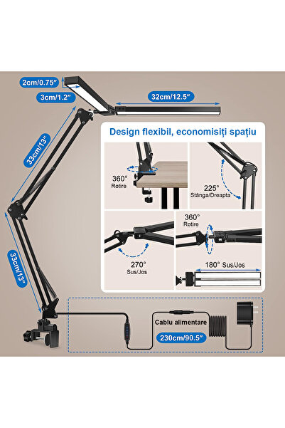 LittleDomi Lampa de birou LED, LittleDomi, Brat Oscilant cu Clema sau Suport, Inaltime Ajustabila, 3 Moduri de
