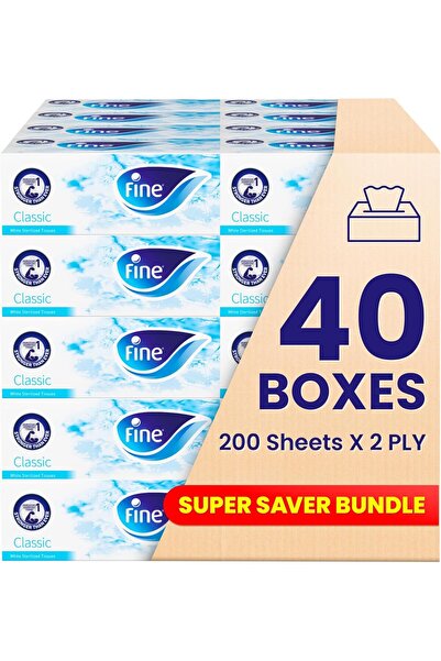 FINE Facial Tissue Boxes, 40 Packs of 200 Sheets x 2 Ply