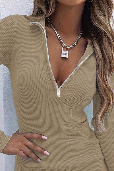 Mossta Zipper Detailed Camisole Mini Dress - Stone