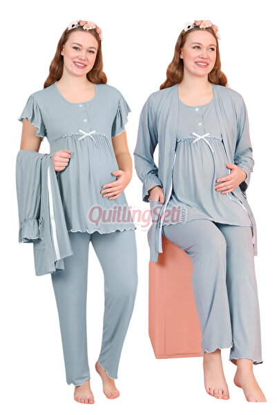 quilling Gray Colored Crew Neck 3-Piece Long Sleeve Maternity Pajama Set with Dressing Gown 59461