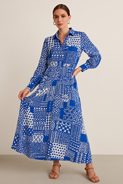 Rich Γυναικείο μακρυμάνικο φόρεμα με μπλε και λευκό σχέδιο με κουμπιά μέχρι τη μέση