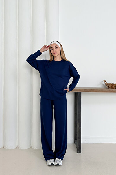 MİROR Women's Navy Blue Modal Fabric Long Sleeve Basic Tracksuit Set