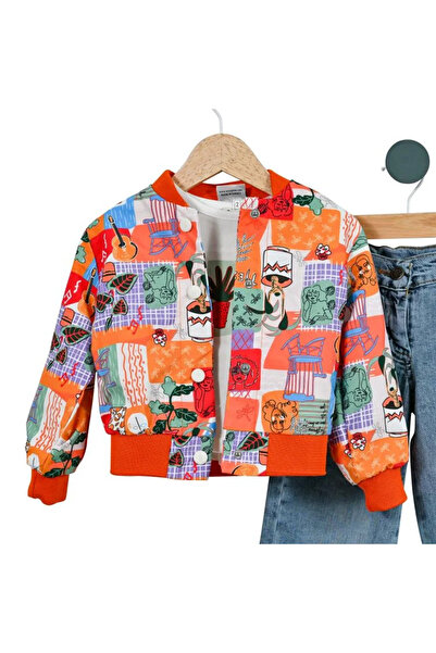 Mamboo Set pentru fete cu jachetă în nuanțe de portocaliu, tricou și blugi