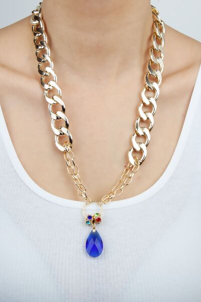 Liveyn Design Thick Chain Blue Crystal Pendant Necklace