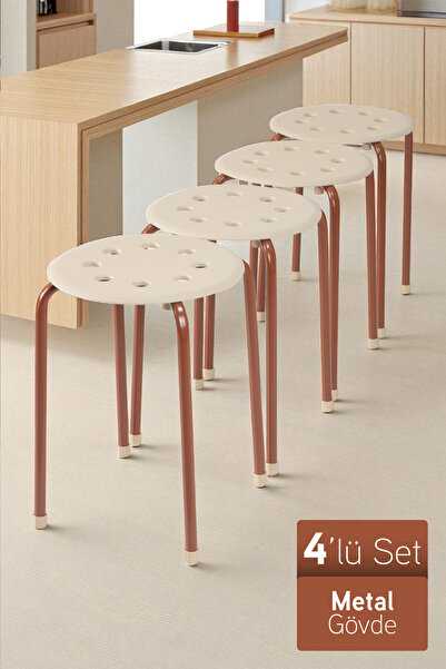 İronika Otto Metal Gövdeli Modern Tabure Mutfak Bahçe Taburesi - 4 Adet Krem