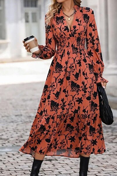 Mossta Rochie lungă din jerseu cu model floral și talie adunată - portocaliu