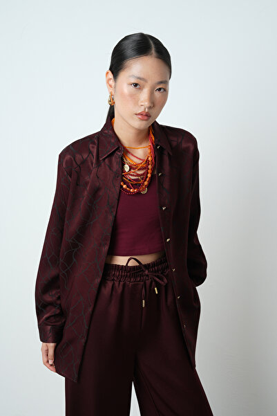 Orfeo Negro Women's Burgundy Patterned Shiny Fabric Oversize Cut Shirt