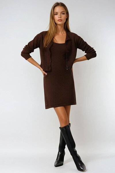 VAGGON Women's Bitter Brown Square Neck Short Sleeve Bodycon Mini Dress and Buttoned Crop Cardigan Set Vs00963