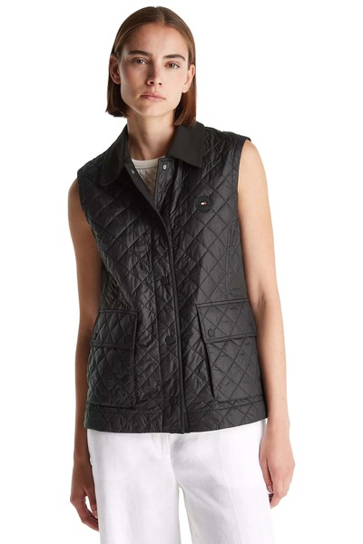 Tommy Hilfiger Kadın Slim Fit Kapitone Gömlek Yaka Yelek - Siyah