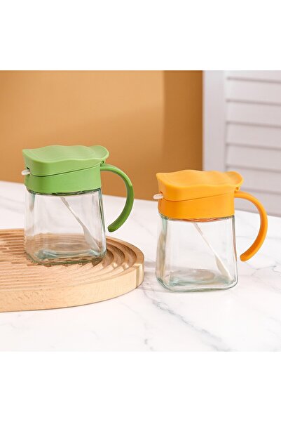 Flippy Glass Spice Container, 180 ml, with Handle and Spoon, Wavy Lid, Yellow