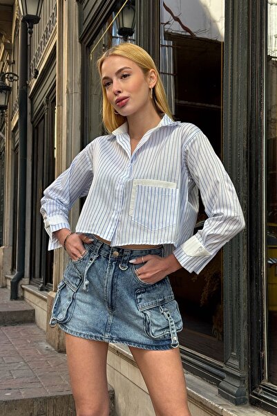 VAGGON Women's Light Blue Striped Oversize Long Sleeve Buttoned Cuff Crop Shirt Vs00952