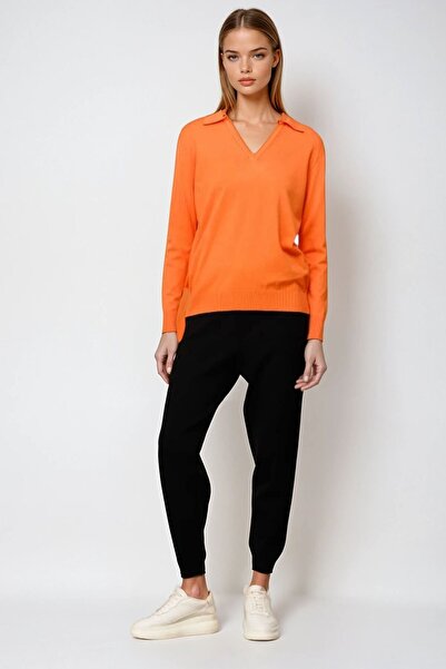 VAGGON Women's Orange Polo Neck Long Sleeve Blouse Vs00959