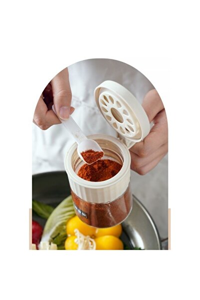 Flippy Glass Spice Container, 180 ml, with Handle and Spoon, 10.6 x 7 x 7 cm, Matte Lid, White