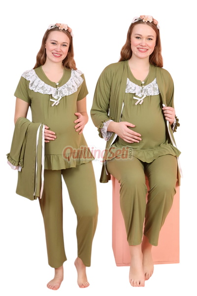 quilling Khaki Colored Lace Detailed 3-Piece Long Sleeve Maternity Pajama Set with Dressing Gown 59344