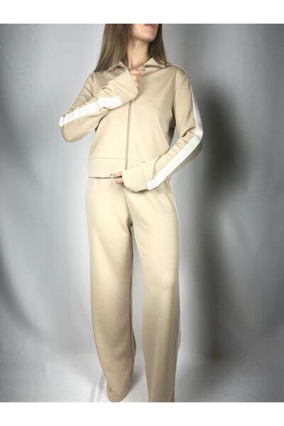 NOXS Kadın Şerit Detaylı Geniş Paça Dökümlü Kumaş Eşofman Takımı