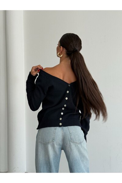 LE CARAMBOLE Women's Navy Blue Front Back Buttoned V-Neck Knitwear Cardigan