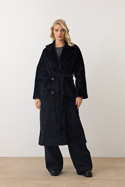 VAGGON Women's Black Double Button Soft Textured Cashmere Coat Vs00949