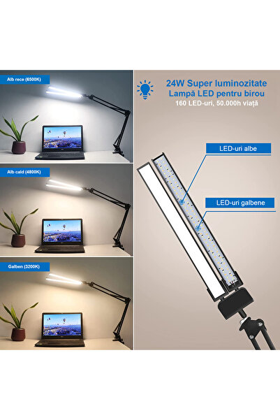 LittleDomi Lampa de birou LED, LittleDomi, Brat Oscilant cu Clema sau Suport, Inaltime Ajustabila, 3 Moduri de