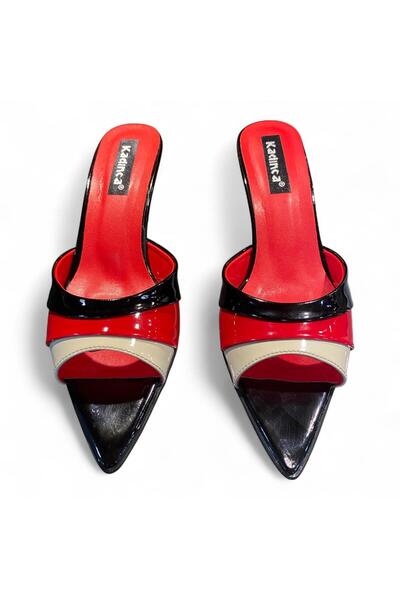 Aldina Nucci Black Patent Leather Red Skin Detailed Pointed Toe Stiletto Women's Slippers # 1060