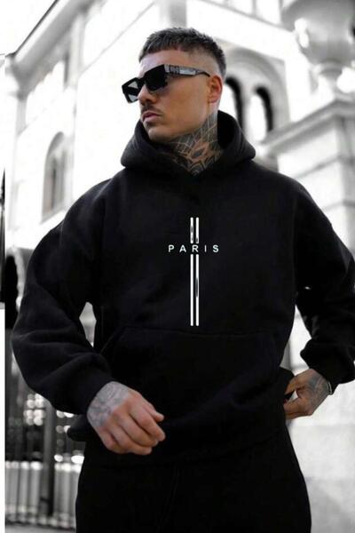 NO 601 Ανδρικό φούτερ με κουκούλα με μαύρη ρίγα με στάμπα Paris