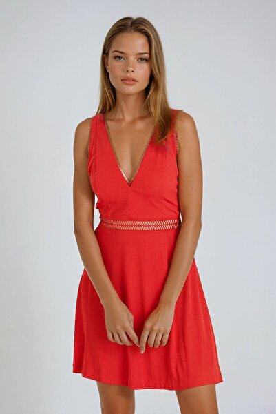 VAGGON Women's Red Wide Strap Openwork Striped Mini Dress Vs00958