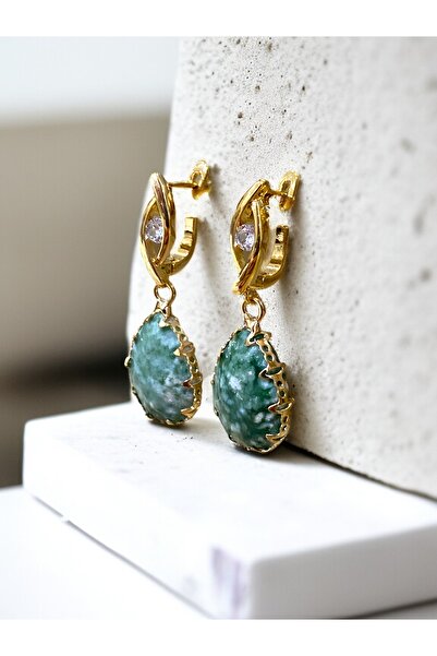 FAYRA ACCESSORIES Kristal Taşlı Su Damlası Doğal Taşlı Altın Kaplama Küpe