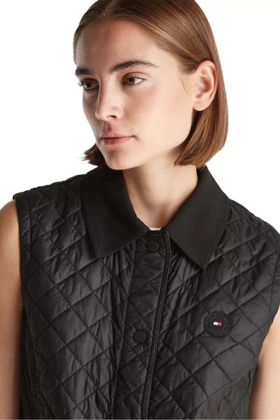 Tommy Hilfiger Kadın Slim Fit Kapitone Gömlek Yaka Yelek - Siyah