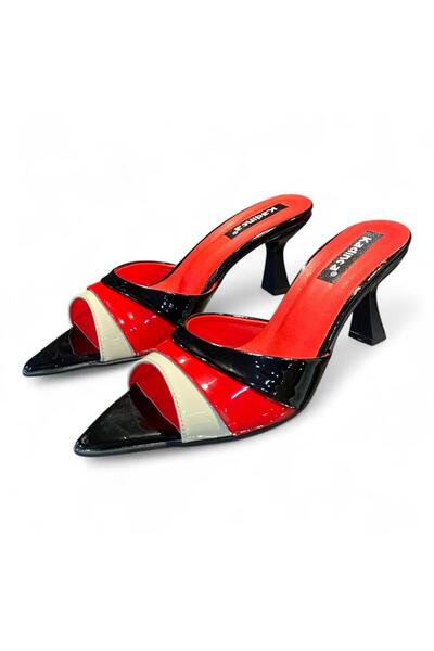 Aldina Nucci Black Patent Leather Red Skin Detailed Pointed Toe Stiletto Women's Slippers # 1060