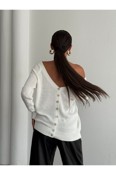 LE CARAMBOLE Women's White Front Back Buttoned V-Neck Knitwear Cardigan