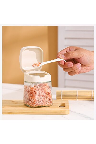 Flippy Spice Container, Glass, 180 ml, with Handle and Spoon, 11.3 x 8.2 cm, Wavy Lid, White