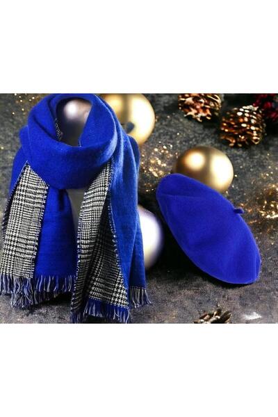 Wearflawless Women's Set of 2 Blue Scarves and Painter Beret Set, Christmas Gift, Double-Sided Scarf, Painter Beret