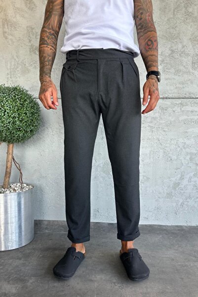 MADZEYMODA Men's Boyfriend Fit Pleated Double-Legged Smoked Fabric Trousers Ke-1054