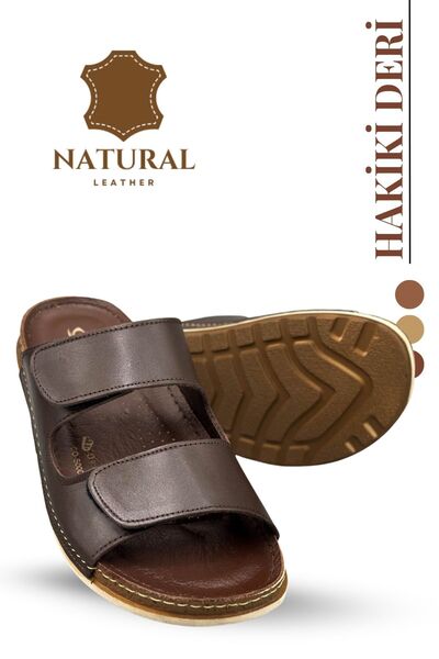 sermoda Genuine Leather Men's Slippers with Double Velcro Straps Orthopedic Comfortable Sole Daily Slippers cm Brown