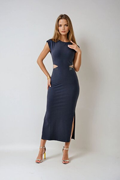 VAGGON Women's Black Tassel Detailed Side Cutout Slit Midi Dress Vs00956