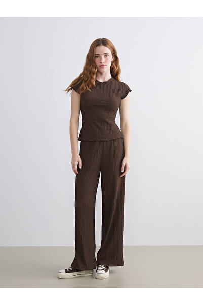 LC Waikiki Xside Brown Textured Women's Pants with Elastic Waist W5Kt71Z8