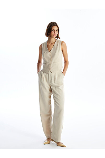 LC Waikiki Lcw Vision Beige Loose Fit Straight Linen Blend Women's Trousers W...