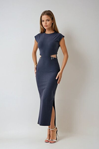 VAGGON Women's Black Tassel Detailed Side Cutout Slit Midi Dress Vs00956